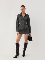 Striped Collar Tie Waist Long Sleeve Shirt & Mid Rise Ruched Mini Skirt Set