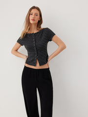Striped Boat Neck Top & Mid Rise Straight Leg Trousers Set