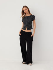 Striped Boat Neck Top & Mid Rise Straight Leg Trousers Set