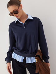 Cotton Striped Collar Raglan Sleeve Sweatshirt