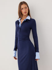 Cotton Stripe Ruched Shirt Maxi Dress