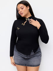 High Neck Asymmetrical Metal Detail Ruched Top Curve & Plus