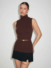 Knit Turtleneck Tank Top With Belt