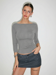 Cotton-blend Boat Neck Mid-length Sleeve Top