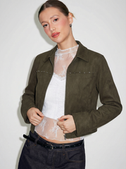 Suede Collar Long Sleeve Zip Through Jacket