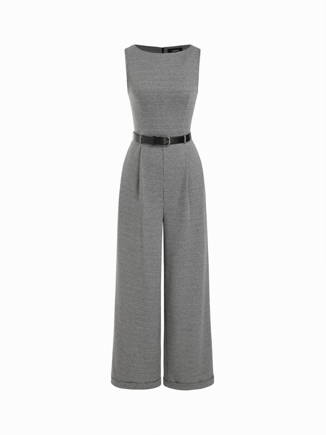Houndstooth Boat Neck Zipper Wide Leg Jumpsuit With Belt