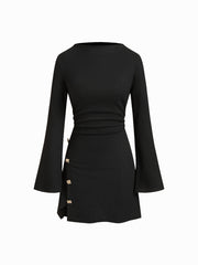 Stand Collar Bell Sleeve Metal Button Split Ruched Mini Dress