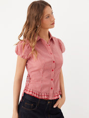 Cotton-blend Gingham Knotted Ruffle Hem Puff Sleeve Blouse