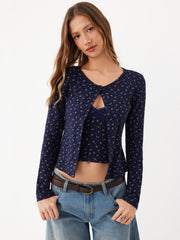 Floral Print Long Sleeve Top & Lace Trim Cami Top Set