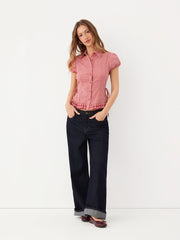 Cotton-blend Gingham Knotted Ruffle Hem Puff Sleeve Blouse