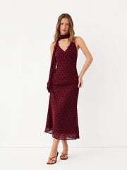 Chiffon Halter Neck Polka Dot Wrap Maxi Dress