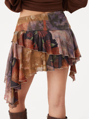 Mesh Floral Asymmetrical Hem Ruffled Layered Mini Skirt