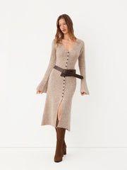 Knit V-Neck Button Front Bell Sleeve Midi Dress