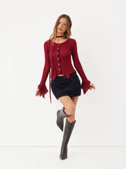 Pointelle Long Sleeve Metal Button Blouse With Scarf