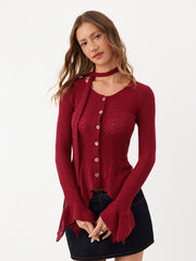 Pointelle Long Sleeve Metal Button Blouse With Scarf