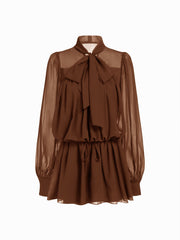 Chiffon Leopard Print Stand Collar Ruffled Oversized Babydoll Mini Dress