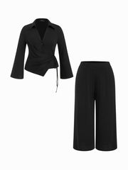 Ruched Knotted Top & Mid Rise Straight Leg Trousers Set Curve & Plus