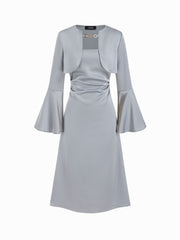 Satin Square Neck Bell Sleeve Top & Ruched Midi Cami Dress