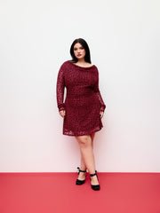Mesh Heart Cowl Neck Bell Sleeve Flocking Mini Dress Curve & Plus