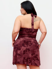 Halter Neckline Floral Tie Back Top & Mid Rise Mini Skirt Set Curve & Plus