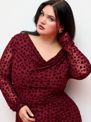 Mesh Heart Cowl Neck Bell Sleeve Flocking Mini Dress Curve & Plus