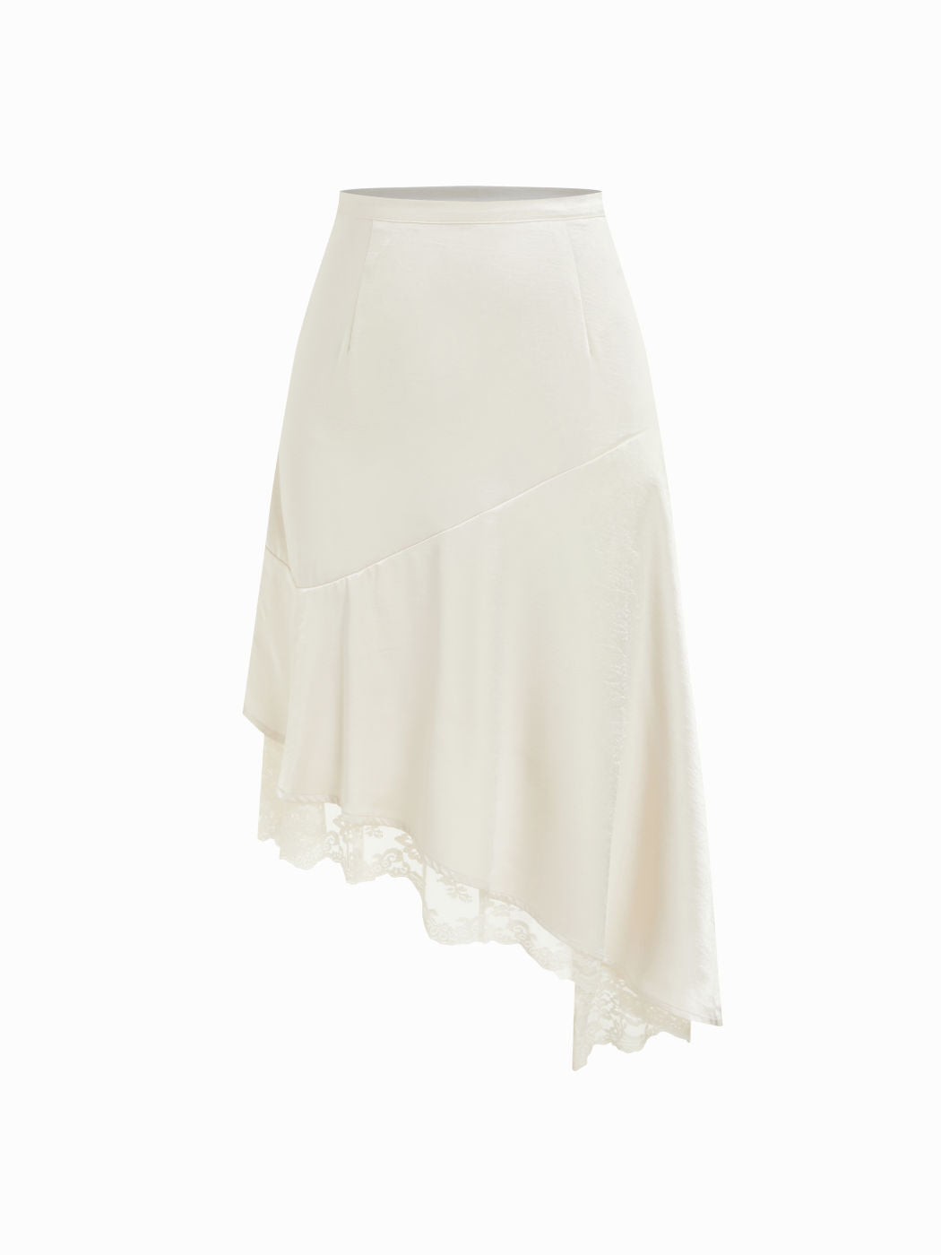 Satin Mid Rise Lace Trim Asymmetrical Hem A-line Midi Skirt