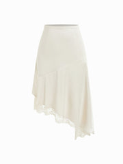 Satin Mid Rise Lace Trim Asymmetrical Hem A-line Midi Skirt