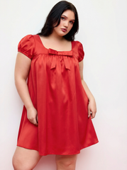 Satin Bowknot Ruffled Puff Sleeve Oversized Babydoll Mini Dress Curve & Plus