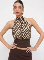 Chiffon Zebra Striped Halter Neckline Tie Back Backless Top