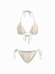 V-neck Bowknot & Flower Knotted Halter Tie Side Bikini Set With Lace Sarong
