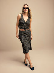 V-Neck Polka Dot Tie Back Top & Mid Rise Mermaid Midi Skirt Set