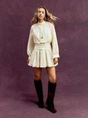 Chiffon Stand Collar Ruched Flared Mini Dress With Scarf