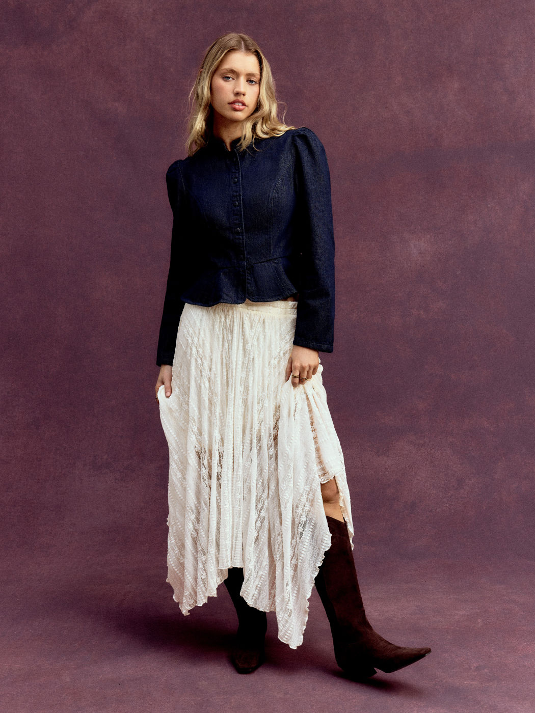 Lace Mid Rise Asymmetrical Flared Maxi Skirt