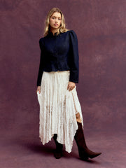 Lace Mid Rise Asymmetrical Flared Maxi Skirt