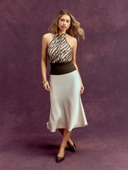 Chiffon Zebra Striped Halter Neckline Tie Back Backless Top