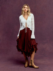 Jacquard Lace V-neck Hanky Hem Knotted Bell Sleeve Top