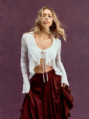 Jacquard Lace V-neck Hanky Hem Knotted Bell Sleeve Top