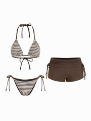 Halter Neckline Gingham Triangle Top & Low Rise Bikini Bottom With Shorts 3 Piece Bikini Set