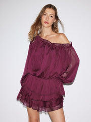 Sheer Asymmetrical Neck Ruffled Puff Sleeve Blouse