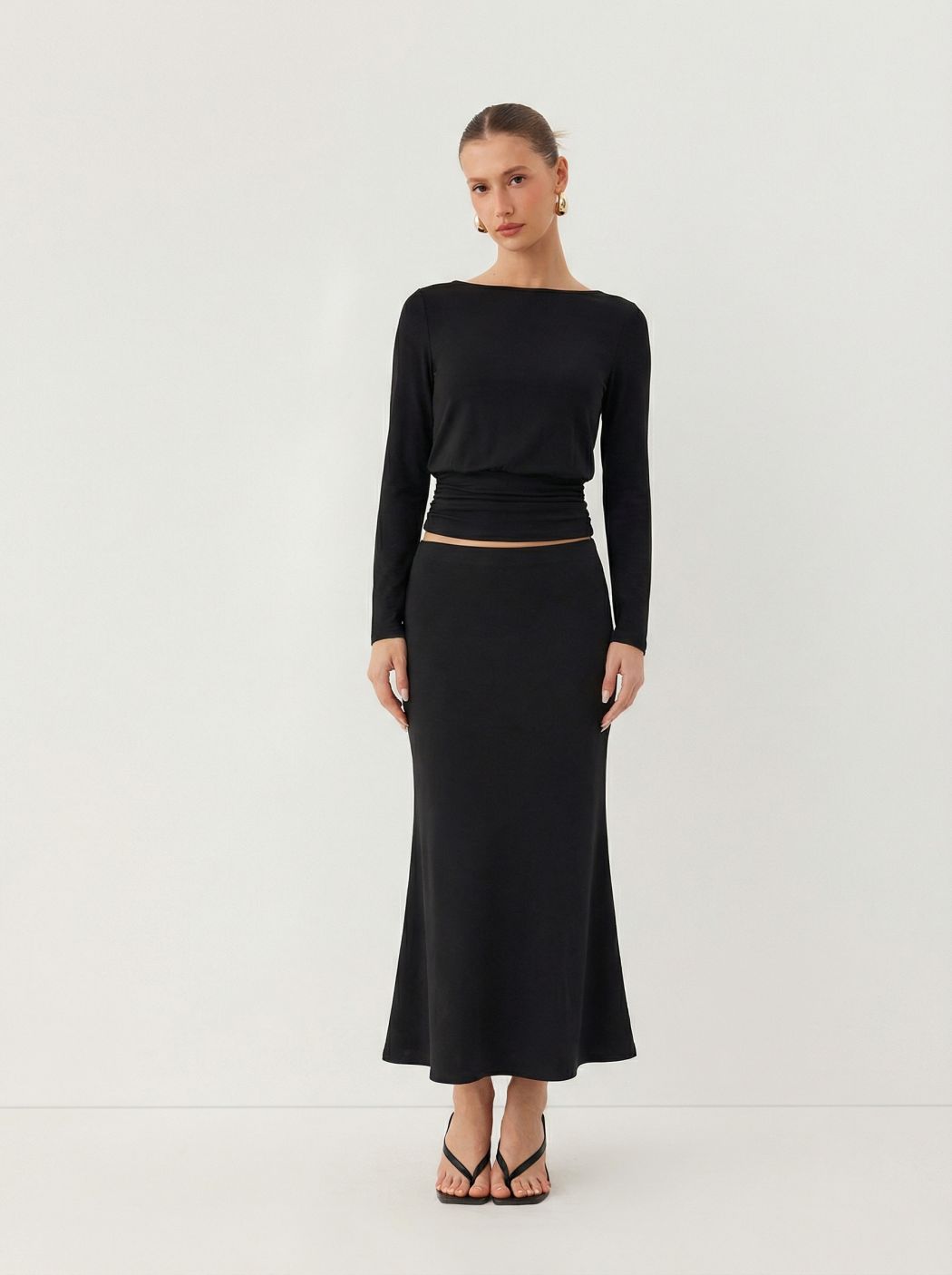 Recycled Cotton-blend Boat Neck Ruched Top & Mid Rise Maxi Skirt Set