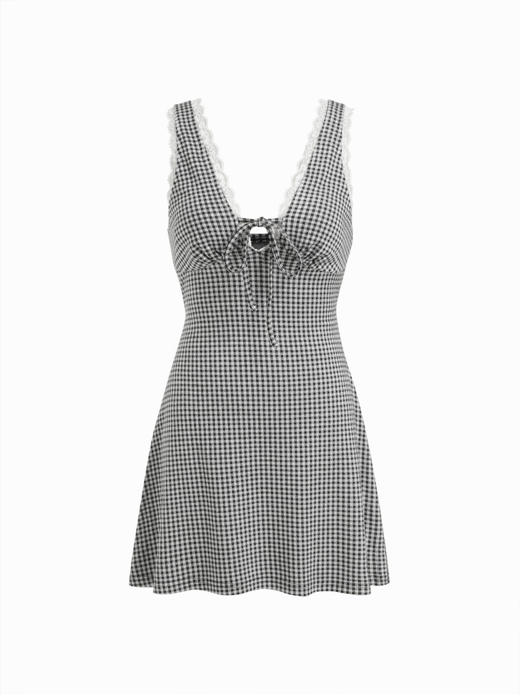 Gingham V-neck Lace Panel Slim A-line Mini Dress