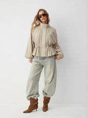 Oversized Stand Collar Drawstring Waist Jacket