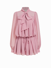 Chiffon Leopard Print Stand Collar Ruffled Oversized Babydoll Mini Dress