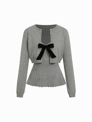 Knit V-neck High Rise Bowknot Button Matching set