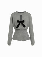 Knit V-neck High Rise Bowknot Button Matching set