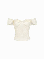 Textured Lace Sweetheart Puff Sleeve Ruched Top