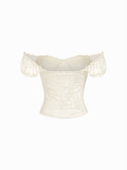 Textured Lace Sweetheart Puff Sleeve Ruched Top