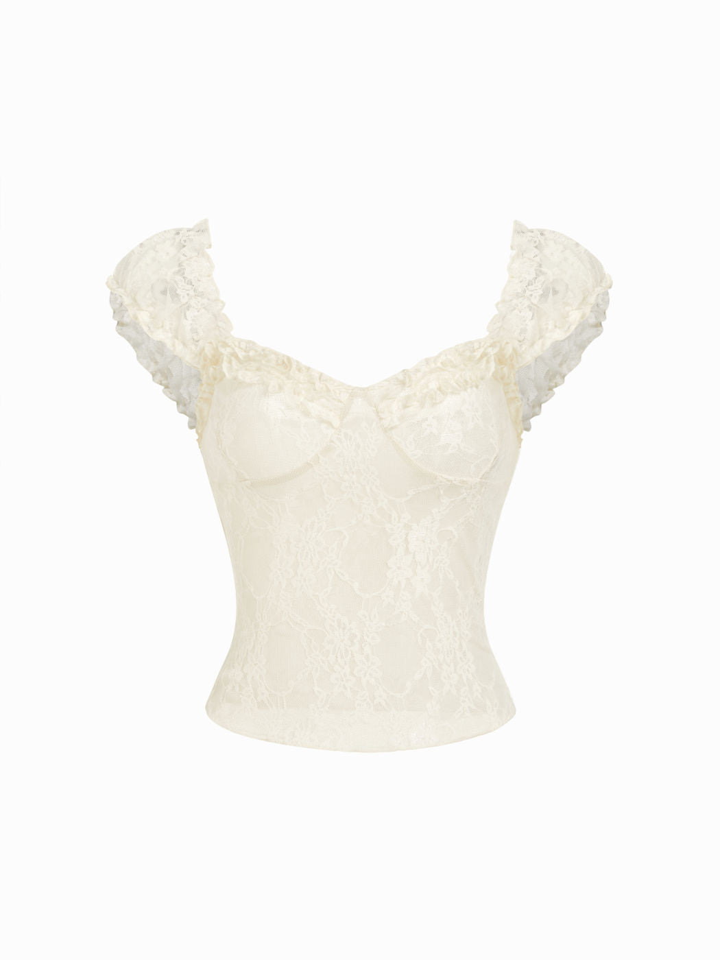 Textured Lace Sweetheart Puff Sleeve Ruched Top