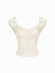 Textured Lace Sweetheart Puff Sleeve Ruched Top