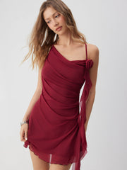 Mesh Asymmetrical Neck Ruched Floral Applique Mini Dress